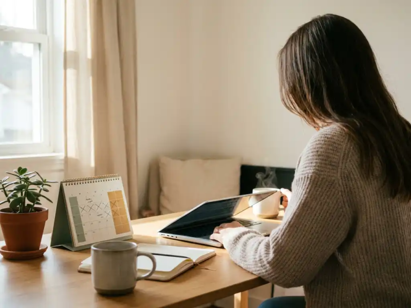 Zelfstandige professional aan opgeruimd thuiskantoor bureau met halfopen laptop, dampende koffie en kalender met hersteldata in warm daglicht.