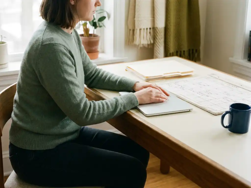 Zelfstandige professional aan een opgeruimd thuiswerkbureau met gesloten laptop, kalender en documenten in zacht natuurlijk licht.