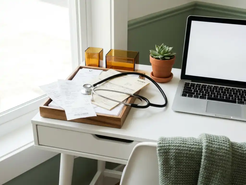 Freelance thuiswerkplek met stethoscoop op stapel medische bonnen en facturen, laptop en succulent op wit bureau.