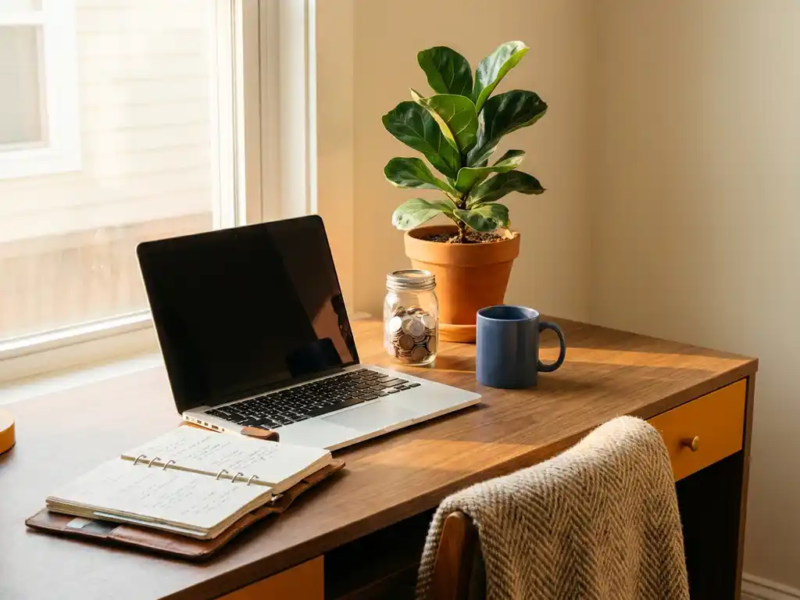 Thuiswerkplek met open agenda, laptop, glazen pot met munten en groen plantje in warm ochtendlicht.