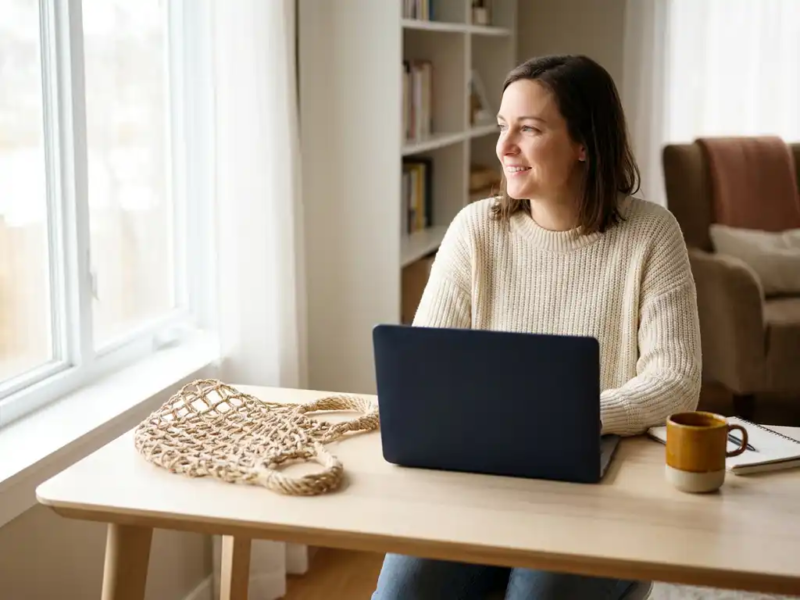 Zelfstandige professional aan modern thuiskantoor bureau met laptop, touw veiligheidsnet naast toetsenbord, warm ochtendlicht.