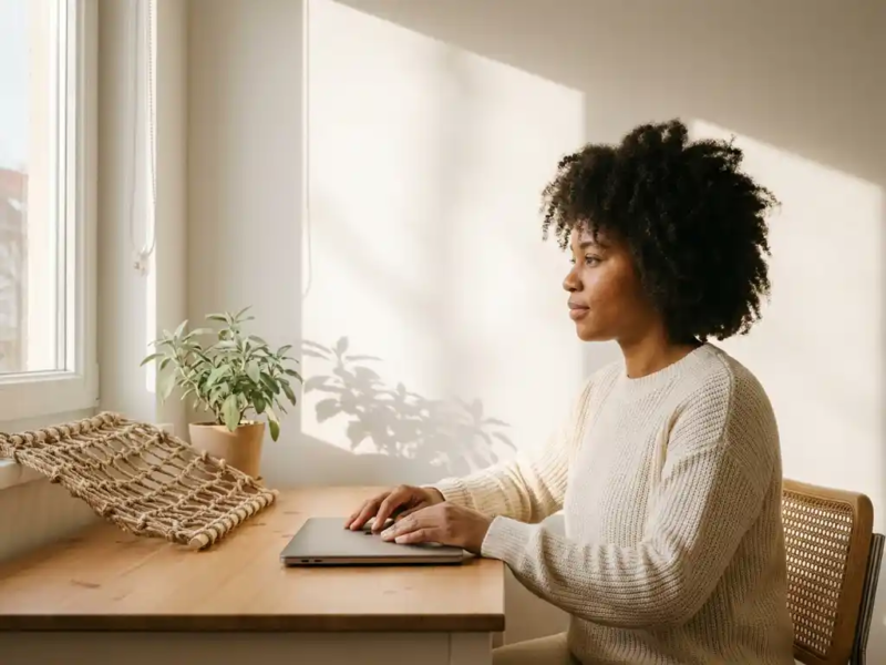 Zelfstandige professional aan minimalistisch thuiskantoor bureau, handen op gesloten laptop, klein touwnetje naast kamerplant, warm natuurlijk licht.