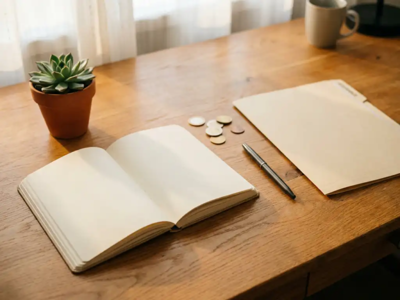 Zelfstandige professional met open notitieboek, euromunten, pen en verzekeringsdocument op eiken bureau in warm ochtendlicht.