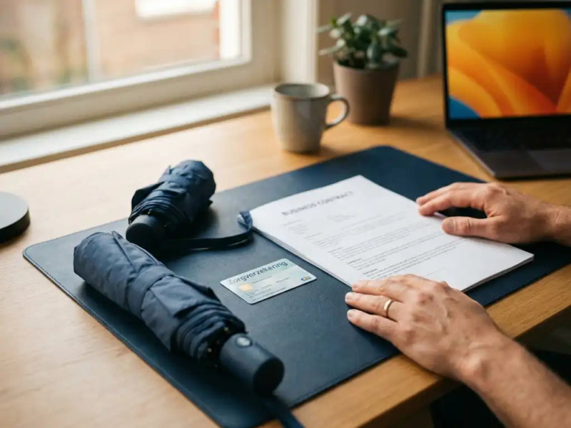 Zelfstandige professional met zakelijk contract, persoonlijke paraplu en zorgpas op bureau, warm daglicht, moderne werkruimte.