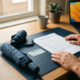Zelfstandige professional met zakelijk contract, persoonlijke paraplu en zorgpas op bureau, warm daglicht, moderne werkruimte.
