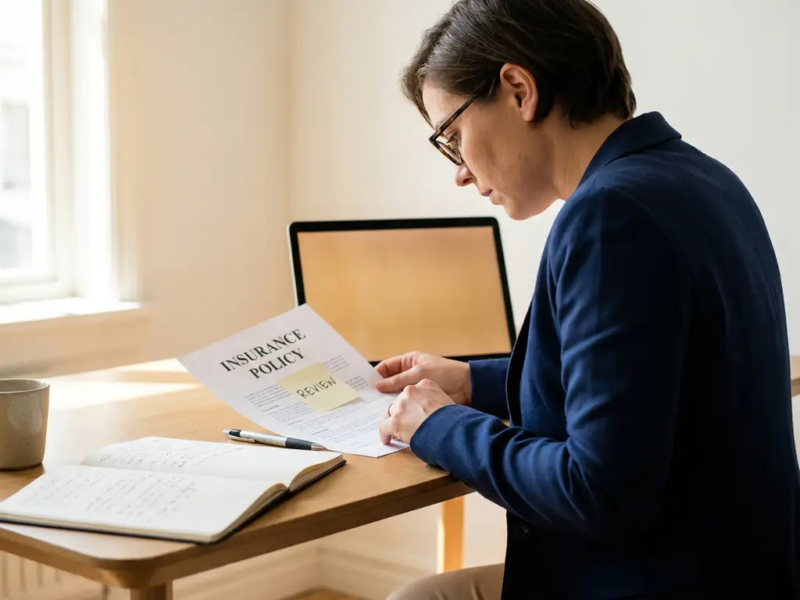Zelfstandige professional die een verzekeringsdocument bestudeert aan modern bureau met notitieboek, pen en laptop op achtergrond.