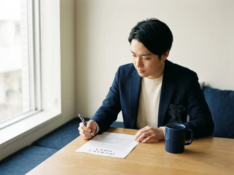 Zelfstandige professional bekijkt verzekeringsdocument aan modern bureau met koffie, warm natuurlijk licht.