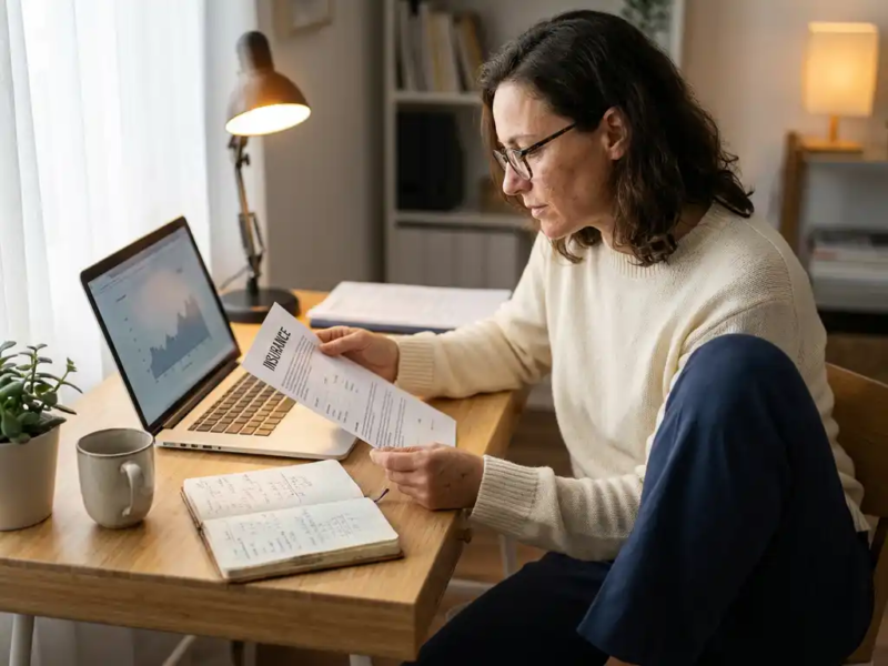 Zelfstandige professional bekijkt verzekeringsDocument aan modern bureau met laptop en notitieboekje met berekeningen.