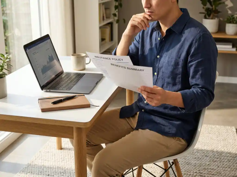 Zelfstandige professional bekijkt verzekeringsdocumenten aan modern thuiskantoor bureau met laptop en notitieboek.