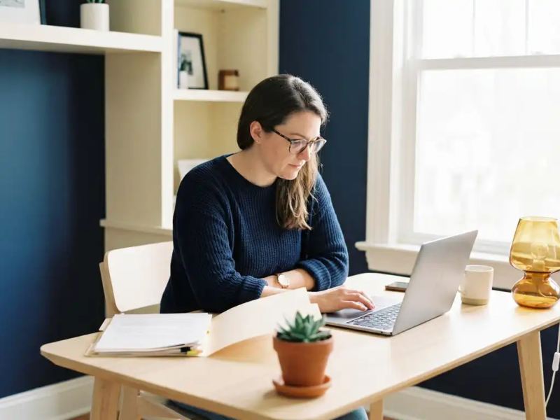 Zelfstandige professional werkt op laptop aan minimalistisch thuiskantoor bureau met openliggende verzekeringsdocumenten en succulent.