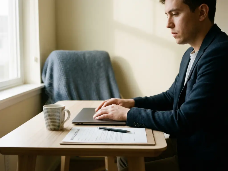 Zelfstandige professional aan minimalistisch thuisbureau met gesloten laptop, medisch attest en koffie in warm natuurlijk licht.