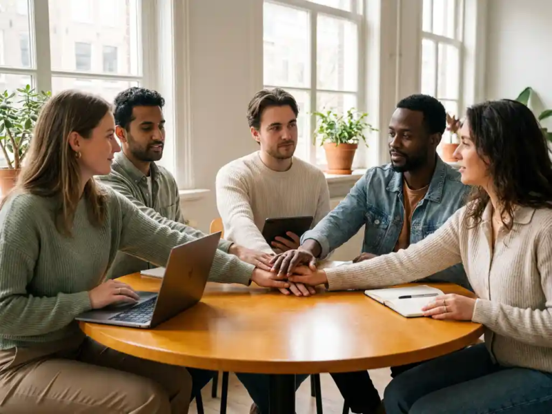 Vijf zelfstandige professionals rond een houten tafel met overlappende handen, in een lichte Nederlandse werkruimte met natuurlijk daglicht.