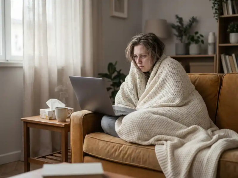 Zieke freelancer werkt op laptop vanuit bank, ingepakt in deken met mok thee en tissues, natuurlijk raamlicht.