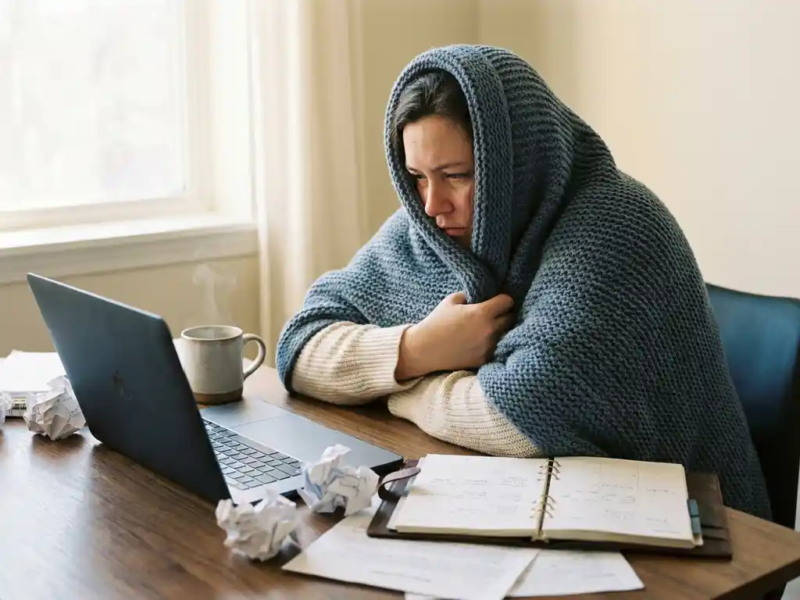 Zieke freelancer aan thuiswerkplek met laptop, dampende thee en deken om schouders, onafgewerkte papieren op bureau.