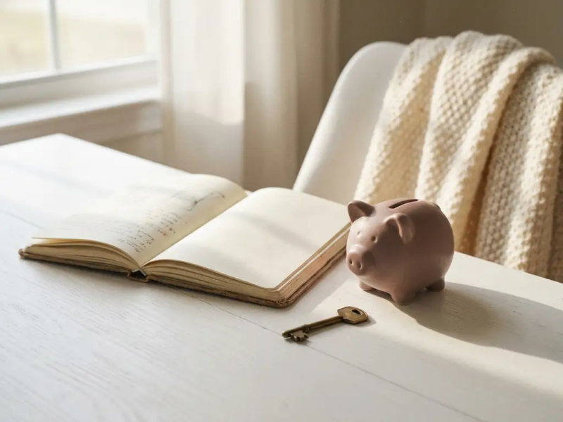 Open notitieboek op wit bureau naast spaarpot en huissleutel, zachte ochtendlicht, warme ivoorkleurige tinten, freelancer financiële planning.