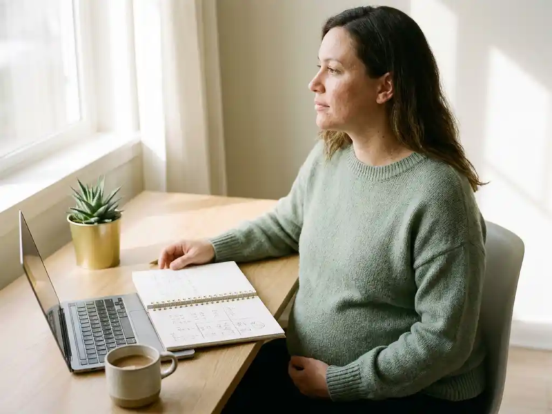 Zwangere freelancer aan een minimalistisch thuiskantoor met laptop, notitieboek vol berekeningen, plant en koffie in warm daglicht.