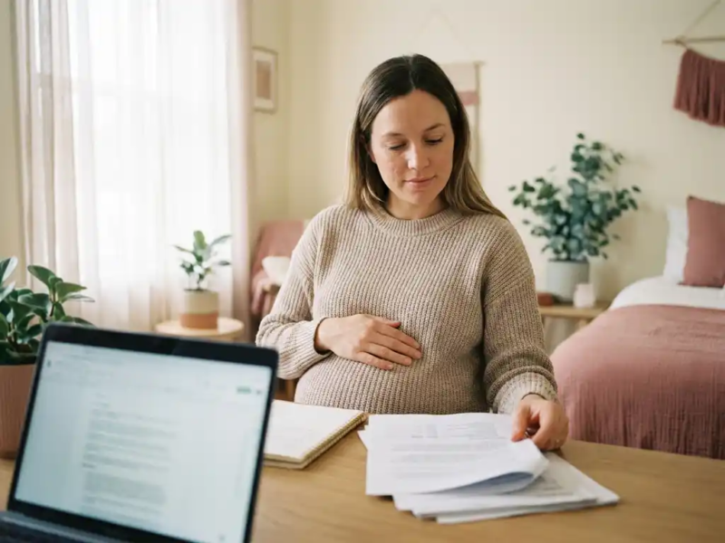 Zwangere freelancer aan een opgeruimd thuiskantoor, hand op buik, documenten naast laptop doornemend in warm natuurlijk licht.