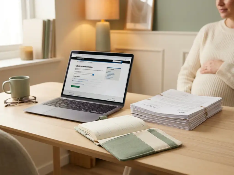 Zwangere freelancer aan opgeruimd bureau met officiële documenten, laptop op overheidsportaal en agenda in warm natuurlijk licht.