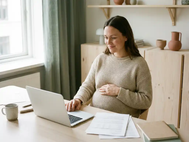 Zwangere freelancer aan Scandinavisch houten bureau met laptop en klantdocumenten, hand op buik, zacht natuurlijk daglicht.