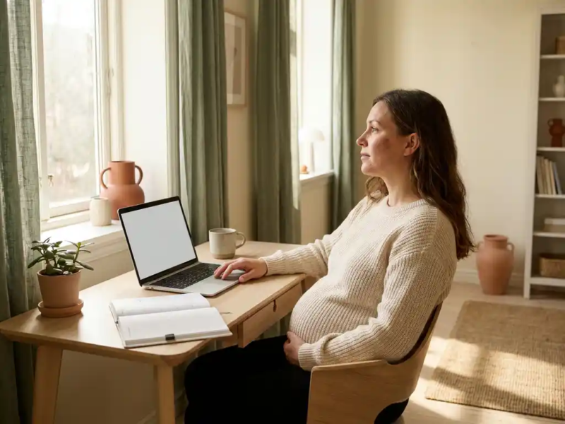 Zwangere freelancer aan Scandinavisch bureau met laptop en planner, hand op buik, zacht middaglicht in thuiskantoor.