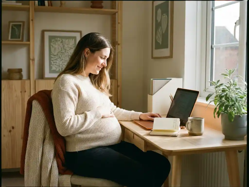 Zwangere freelancer aan thuiskantoor bureau met laptop, hand op buik, warm natuurlijk licht, rustige en zelfverzekerde uitstraling.