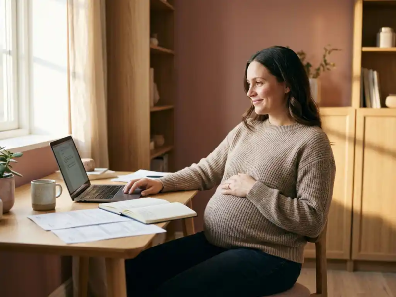 Zwangere freelancer aan houten bureau met laptop en documenten, hand op buik, warm natuurlijk licht.