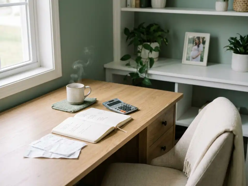 Zwangere freelancer aan opgeruimd thuiskantoor met open planner, facturen, rekenmachine en dampende thee in warm natuurlijk daglicht.