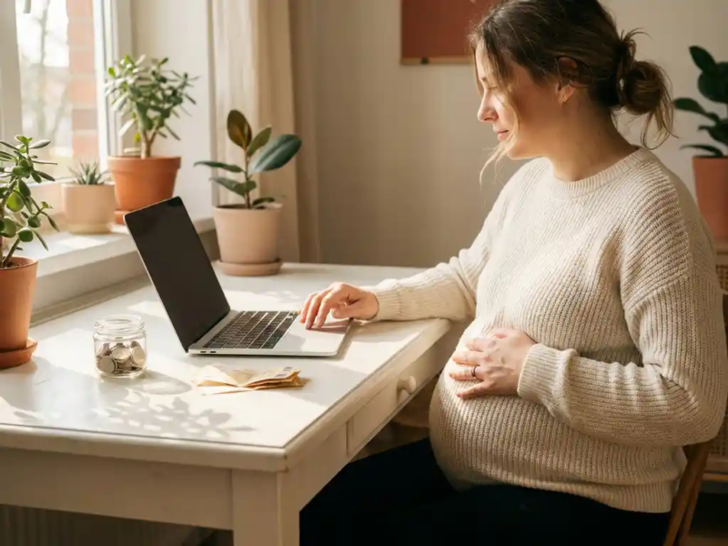Zwangere freelancer aan bureau met laptop en spaarpot met munten, hand op buik, warm middaglicht door raam.
