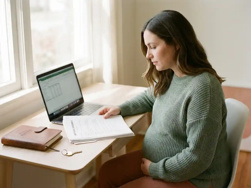 Zwangere vrouw bekijkt hypotheekdocumenten aan een thuiswerkplek met laptop, huissleutel en planner in warm natuurlijk licht.