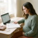 Zwangere vrouw bekijkt hypotheekdocumenten aan een thuiswerkplek met laptop, huissleutel en planner in warm natuurlijk licht.