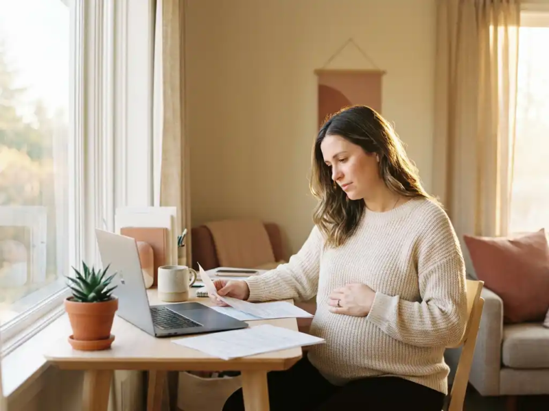 Zwangere vrouw aan thuiswerkplek bekijkt documenten met hand op buik, laptop en succulent op bureau, warm middaglicht.