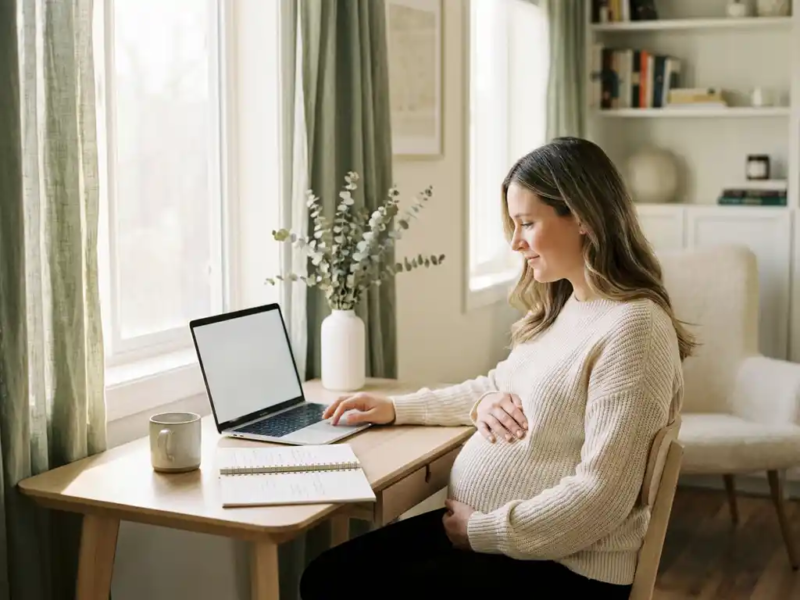 Zwangere vrouw aan modern thuiskantoor bureau met hand op buik, laptop en notitieboek, warm natuurlijk licht.