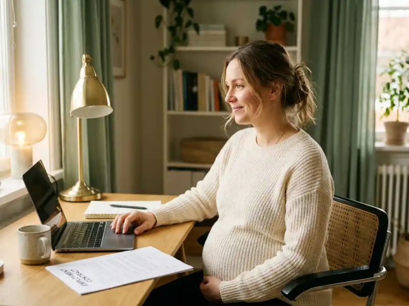 Zwangere vrouw aan thuiswerkplek met laptop, freelancematerialen en arbeidsovereenkomst in warm natuurlijk licht.