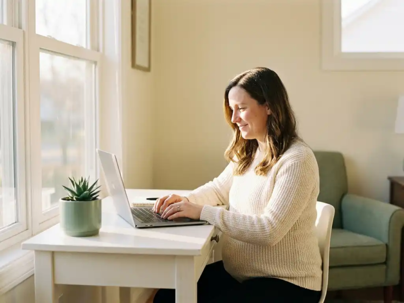 Zwangere vrouw werkt ontspannen aan modern thuiskantoor met laptop en succulent, warm middaglicht door raam.
